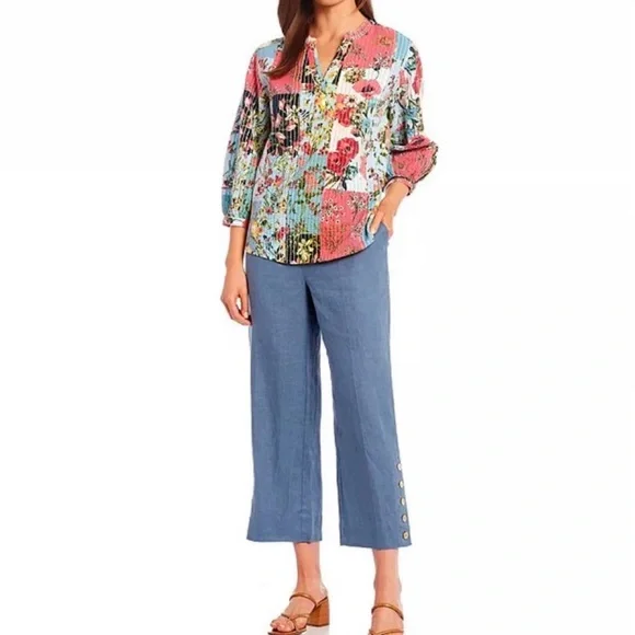 John Mark Multicolor patchwork kantha style Floral split neck 3/4 Sleeve Top - Picture 14 of 14